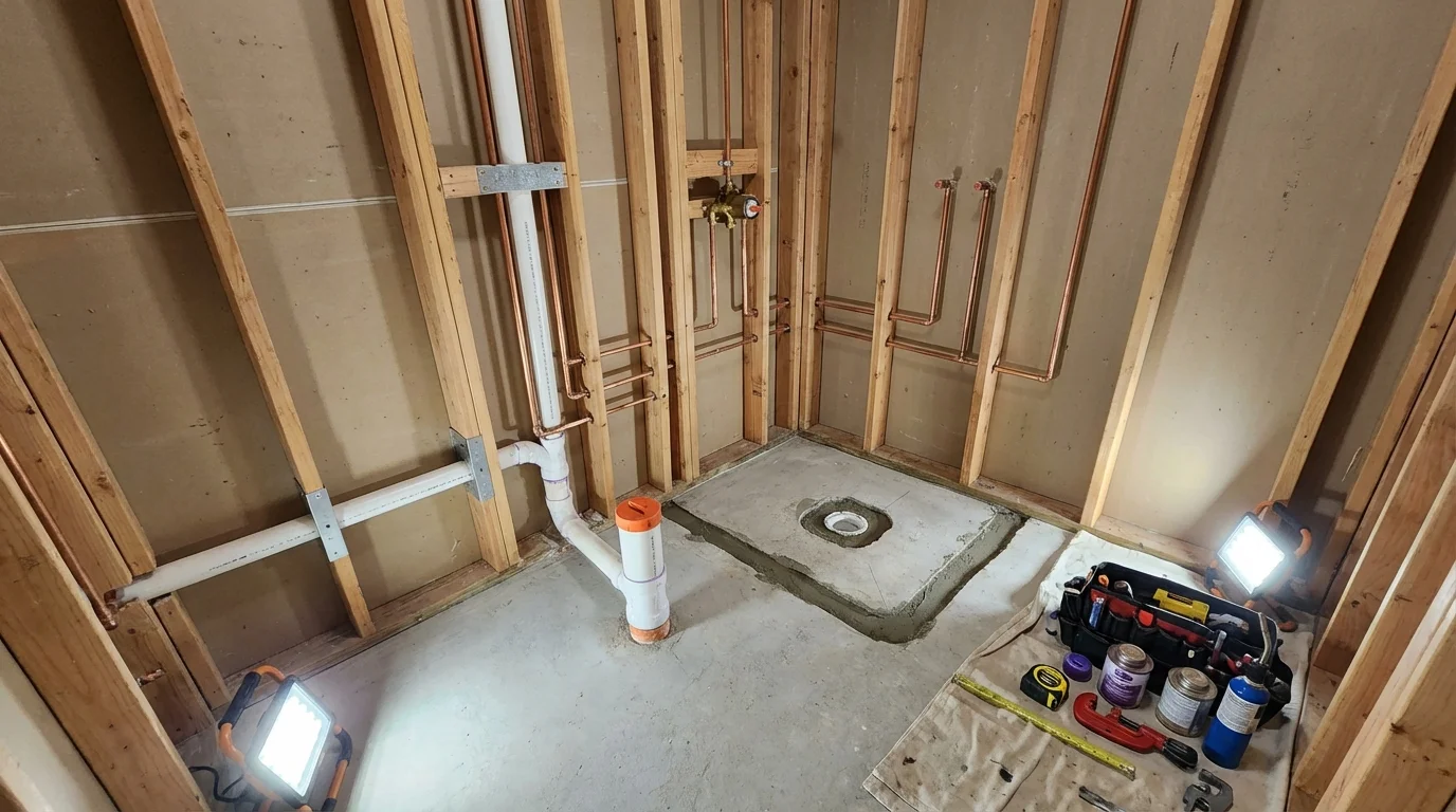 Bathroom rough-in plumbing during remodel by Johns Plumbing LLC in Auburndale