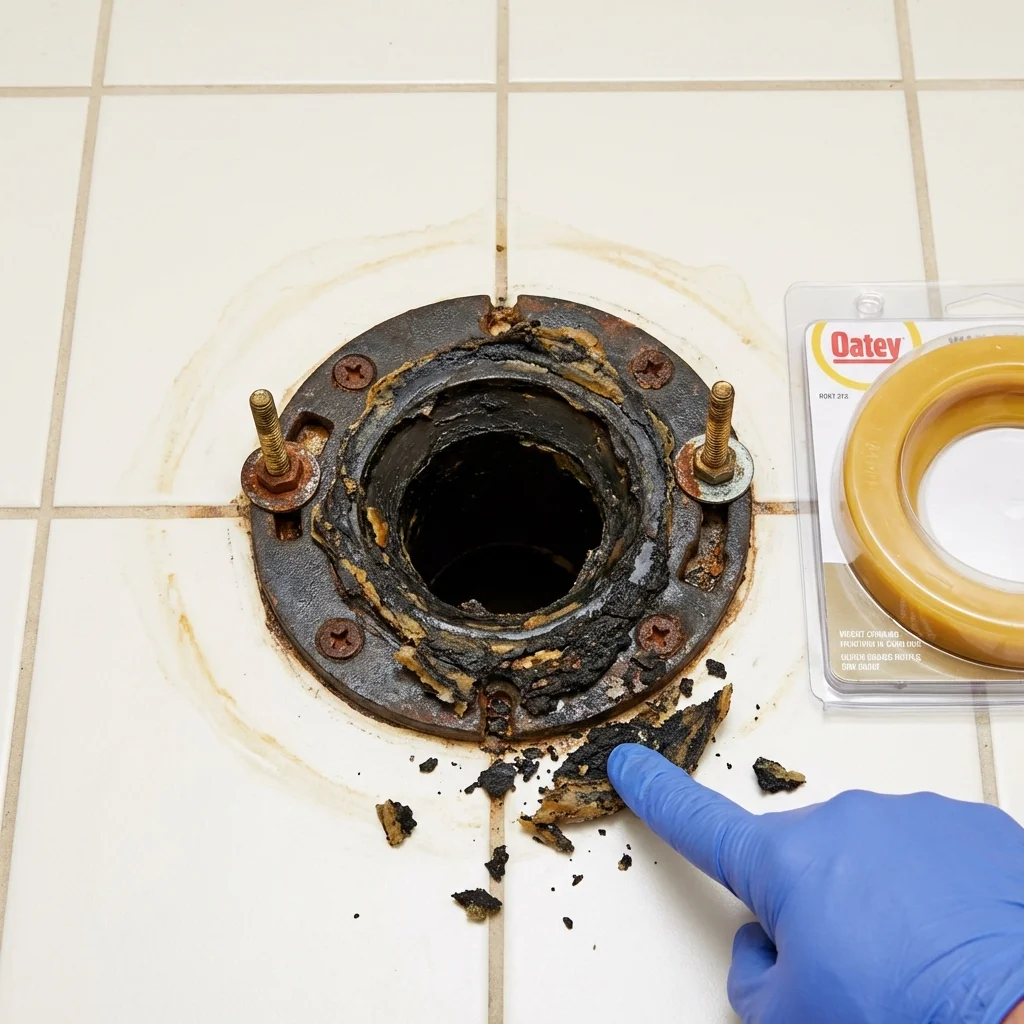 Failed wax ring showing water seepage at the base of a toilet in a Auburndale, FL home