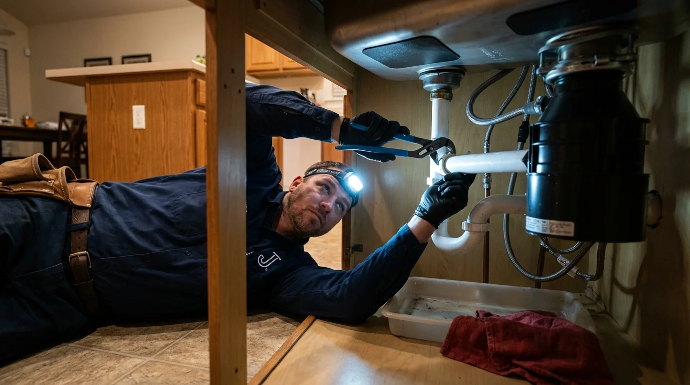 P-trap and supply line connections under a kitchen sink showing a common leak point in Auburndale, FL